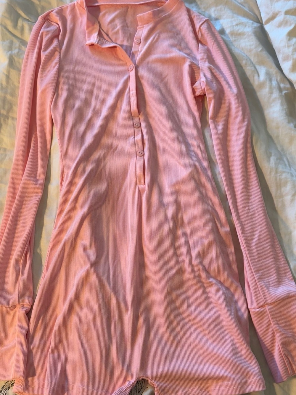 Long Sleeve Pink Ribbed Short Jumpsuit